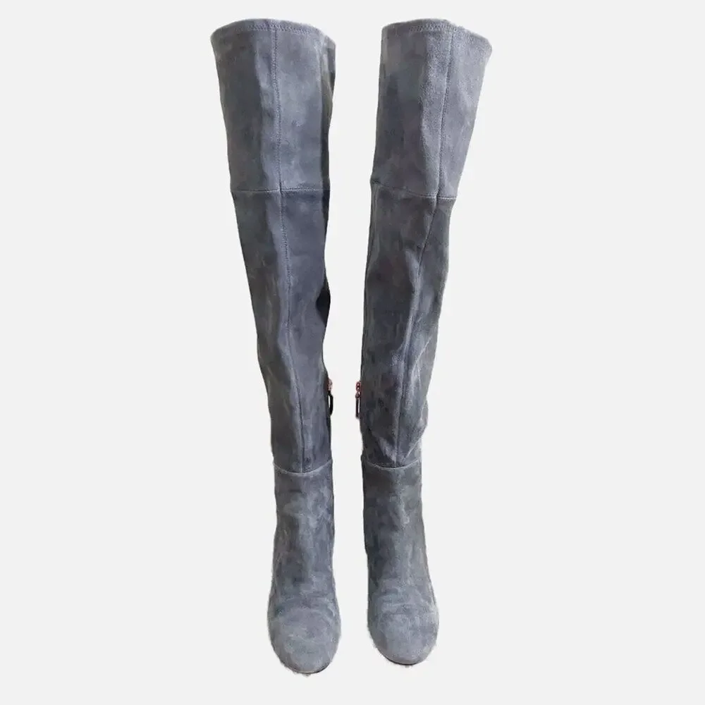 NWOB Tory Burch Gray Suede Over the Knee Boots Women's Sz 7 Side Zip Bow Detail